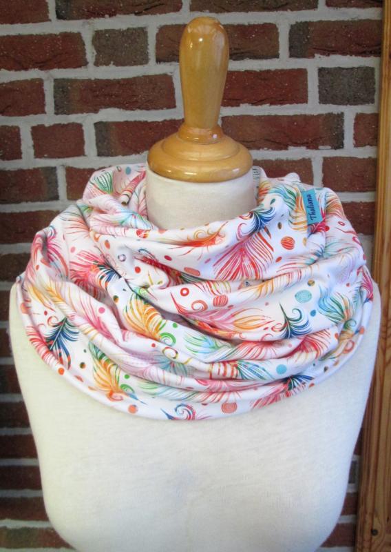 XXL REGENBOGEN FEDERN Schal mit bunten Federn Loopschal aus Jersey Vogelfedern rainbow feathers Fantasy Geschenk z. Geburtstag Muttertag